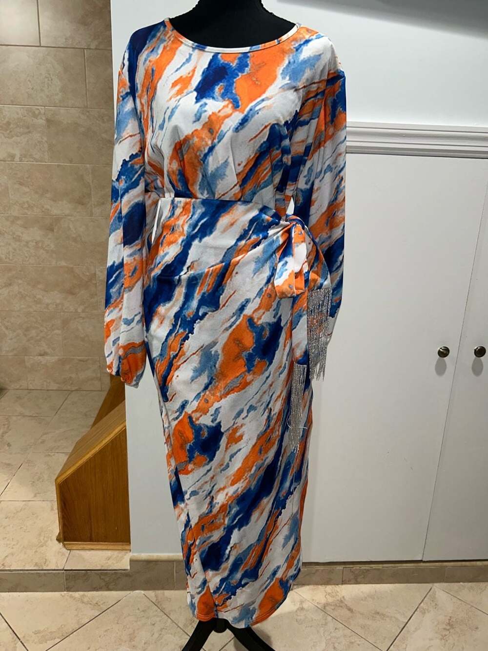 tie dye print midi wrap dress